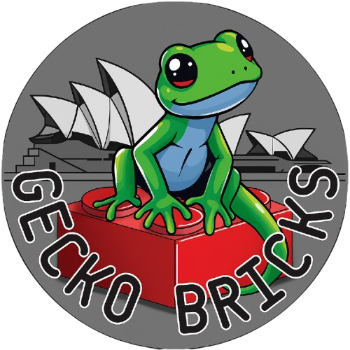 Logo of Gecko Bricks with a green frog on red bricks and Sydney Opera House in the background.